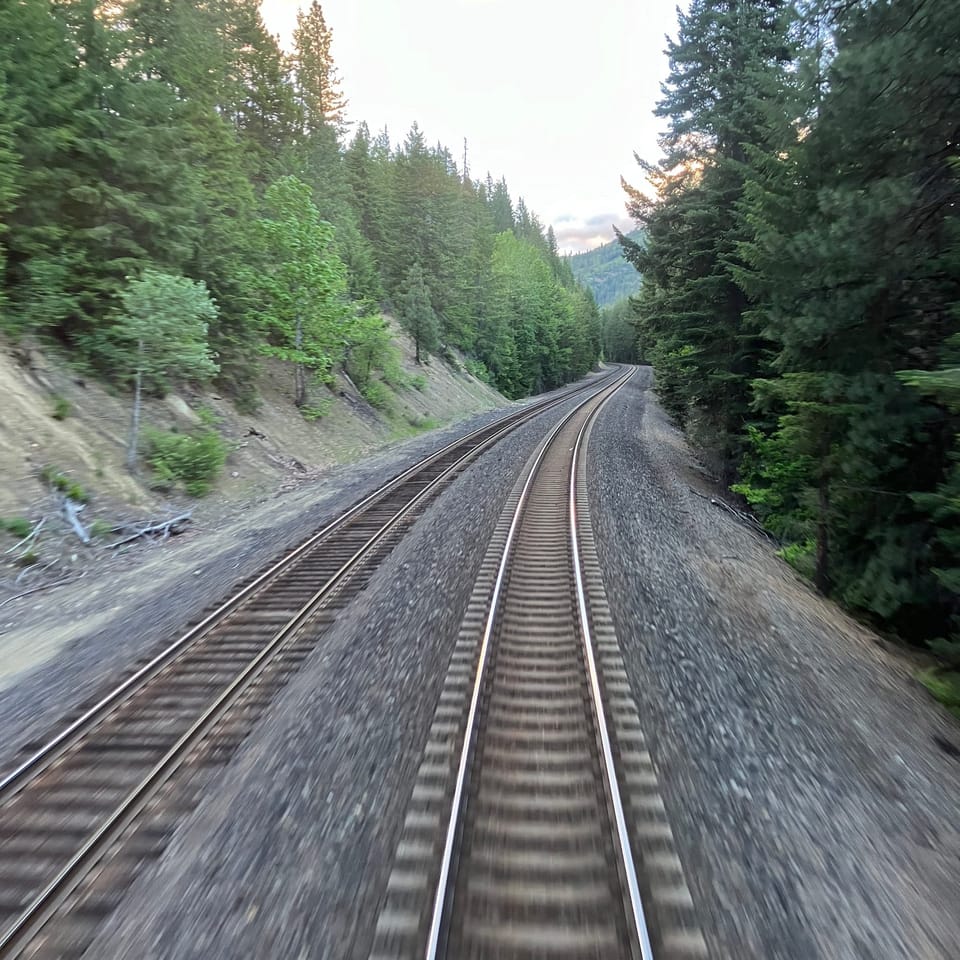 Train track from the back of a moving train.